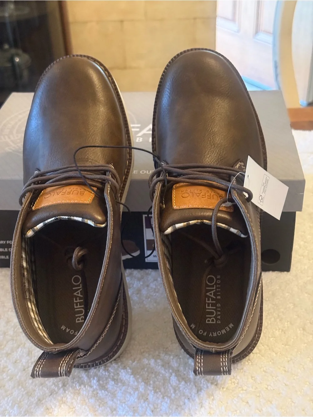 Size 10 Buffalo David Bitton Men's Dark Brown Leather Chukka Boots with Tan Logo